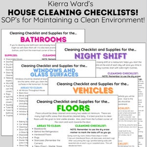 Puede incluir: Un conjunto de listas de verificación coloridas para limpiar diferentes áreas de una casa, incluidos baños, ventanas, vehículos, pisos y turnos de noche. Cada lista de verificación incluye una lista de suministros y áreas para limpiar, con instrucciones para usar un marcador de borrado en seco para marcar las tareas.