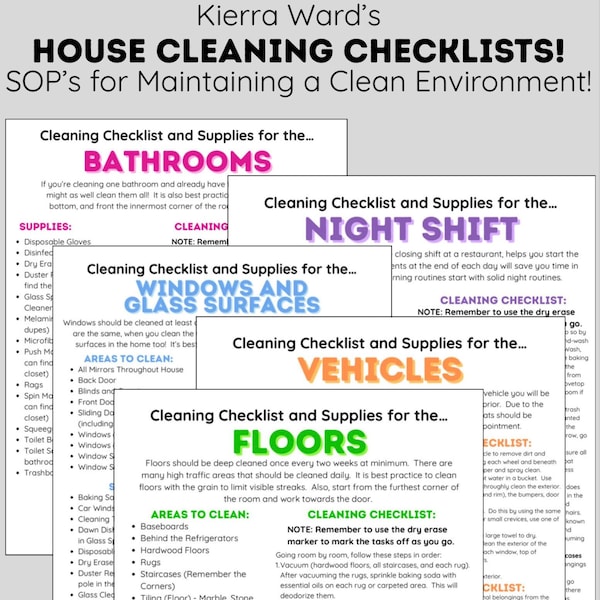SOP’s for Home Cleaning | Type A Cleaning Checklists for Optimum Efficiency and Cleanliness | Clean 5 Zones - including vehicles!