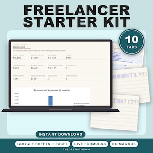 May include: A digital Freelancer Starter Kit displayed on a laptop screen, featuring a dashboard with financial metrics, revenue charts, and 10 tabs. The kit includes Google Sheets and Excel compatibility with live formulas and no macros for instant download.
