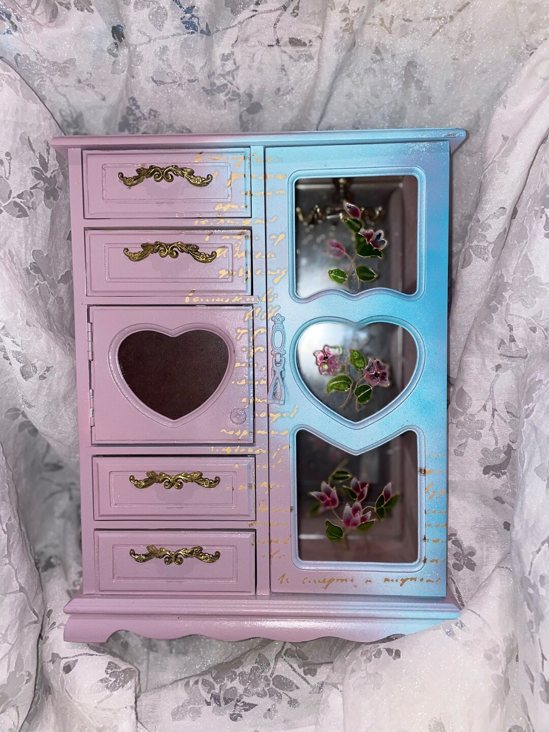 Vintage Jewelry Box Armoire Chest Wood Etched Glass Door 4 Etsy