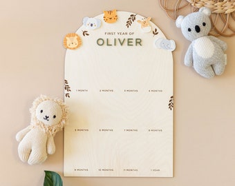 My First Year Birthday Photo Sign | Safari Jungle Animal Boho, One Year Wooden Monthly Milestone Board, First Birthday, Personalized Custom