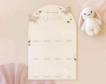 My First Year Birthday Photo Sign | Butterfly Garden, Boho One Year Wooden Monthly Milestone Board, First Birthday Personalized Custom Decor