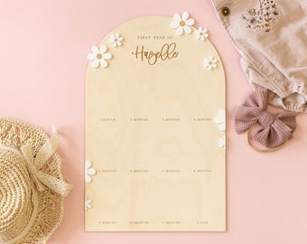 Arched My First Year Photo Sign | Daisy Boho One Year Wooden Monthly Milestone Board, 1st Birthday, First Birthday Personalized Custom Decor