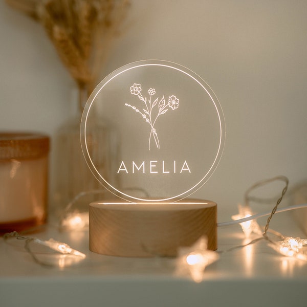 Personalized Acrylic Flower Night Light | Boho Night Floral LED Light | Kids Bedroom Decor, Custom Name, Boho Nursery Decor,Baby Shower Gift