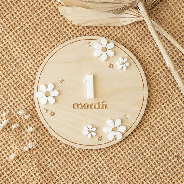 Wooden Boho Daisy Flower Milestone Cards | Custom Name Set | Monthly Milestone Marker | Boho Interchangeable Milestone Card Decor,Photo Prop