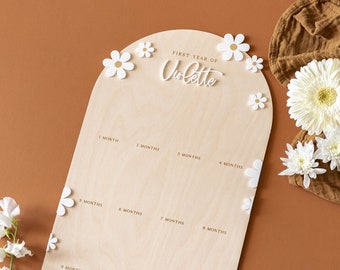 Arched My First Year Photo Sign | Daisy Boho One Year Wooden Monthly Milestone Board, 1st Birthday, First Birthday Personalized Custom Decor