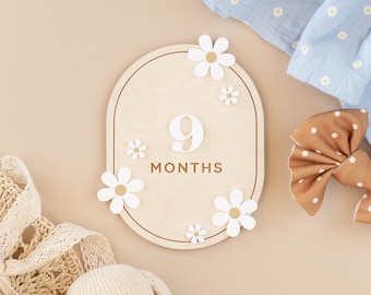 Wooden Daisy Flower Milestone Cards | Custom Name Milestone Set | Boho Interchangeable Milestone Card, Monthly Milestone Markers, Photo Prop
