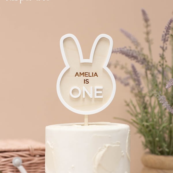 Rabbit Bunny Custom Name Cake Topper Wooden | Personalized First Birthday Party Decor,Acrylic Custom Name and Age,Boho One Cake Smash Topper