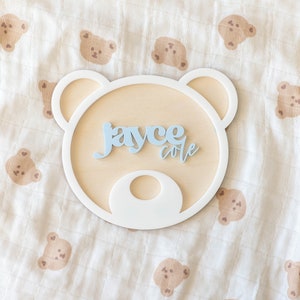 Birth Announcement Sign | Teddy Bear | Personalized Custom Name | Bear Plaque | Wooden Acrylic Name Sign | Boho Nursery Decor |Newborn Photo