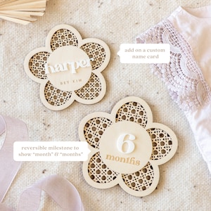 Wooden Flower Lattice Milestone Cards Custom Name Set Monthly Milestone Marker Interchangeable Milestone Cards Boho Rattan Decor image 2