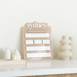 May include: A beige acrylic growth chart with the name "sydney" at the top. The chart has spaces to fill in the date, height, age, favorite things, and what the child wants to be when they grow up.