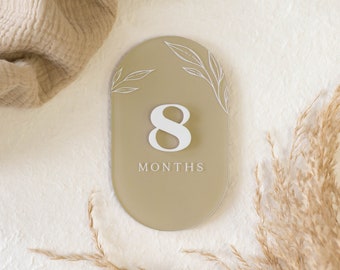 Acrylic Boho Leaves Milestone Cards | Monthly Milestone Plaque Markers | Boho Interchangeable Milestone Card | Baby Shower Gift, Photo Prop