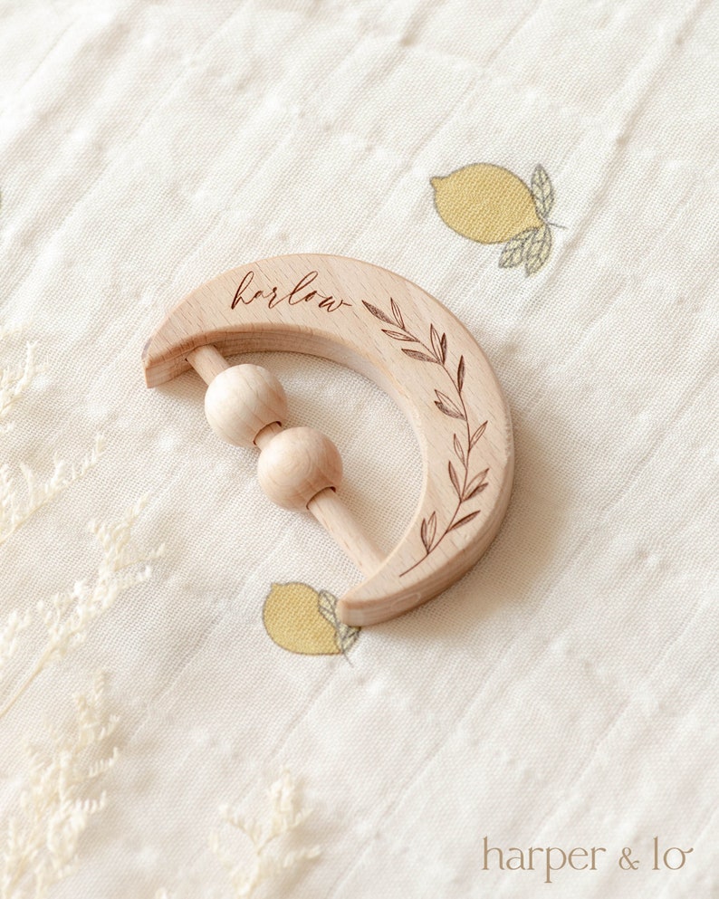 Personalized Wooden Moon Rattle Toy Custom Name, Keepsakes, Montessori Toy, Grasping Toy, Baby Toy, Baby Gift, Sensory, Baby Shower Gift image 1