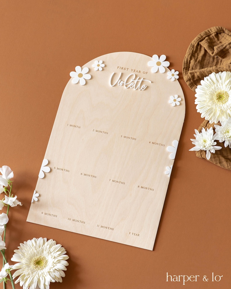 May include: A wooden growth chart with a white arch and daisy decorations. The chart has spaces for each month of the first year, with the text "FIRST YEAR OF Violette" at the top.
