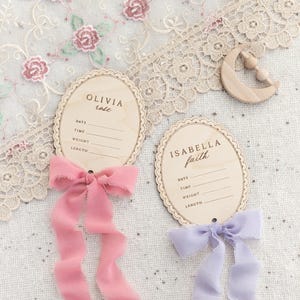 Wooden Lace Ribbon Baby Announcement Birth Stats | Personalize Custom Name, Baby Monthly Milestone Marker, Nursery, Baby Shower Gift