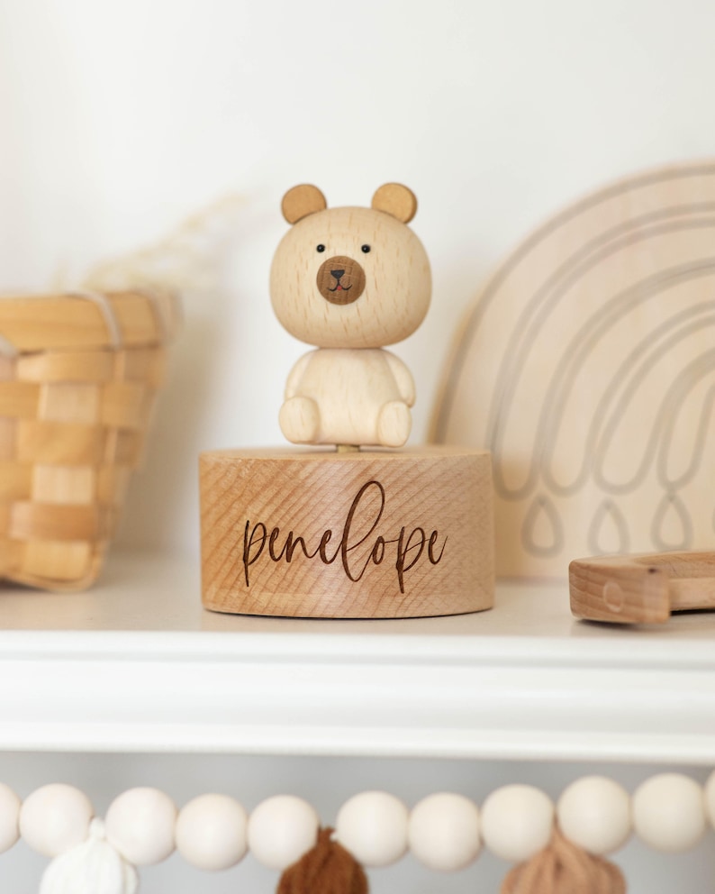 Personalized Teddy Bear Musical Carousel, Engraved Wooden Music Box, Baby Shower Gift, Custom Heirloom Music Box, Nursery Decor, Teddy Bear image 3