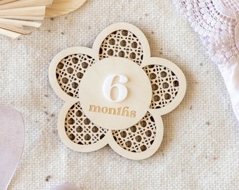 Wooden Flower Lattice Milestone Cards | Custom Name Set | Monthly Milestone Marker | Interchangeable Milestone Cards | Boho Rattan Decor