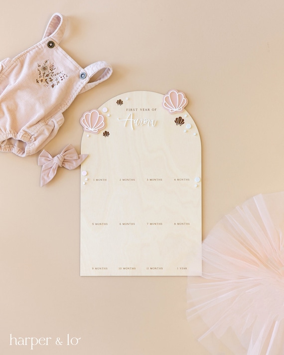 My First Year Mermaid Photo Sign | Custom Seashell First Birthday Party, Personalized One Year Wooden Monthly Milestone Board, Under the Sea