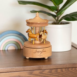 Personalized Merry Go Round Musical Carousel Custom Heirloom, Custom Engraved Wooden Music Box, Baby Shower Gift, Nursery Decor, Horse image 1