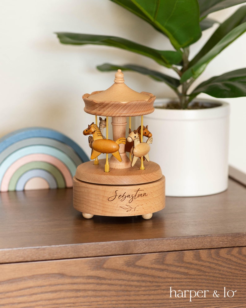 Personalized Merry Go Round Musical Carousel Custom Heirloom, Custom Engraved Wooden Music Box, Baby Shower Gift, Nursery Decor, Horse image 1