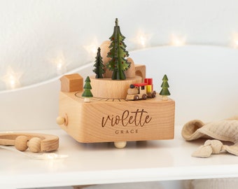 Personalized Christmas Musical Carousel | Custom Christmas Gift, Holiday Gift, Custom Heirloom, Engraved Wooden Music Box, Baby Shower Gift