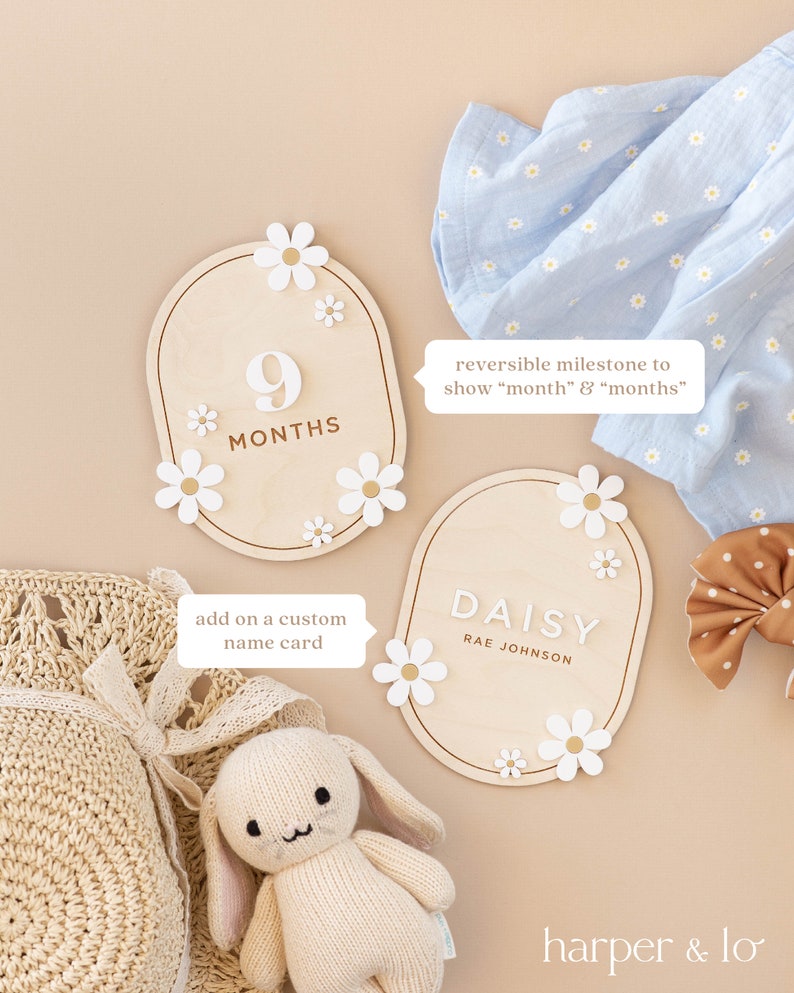 Wooden Daisy Flower Milestone Cards | Custom Name Milestone Set | Boho ...
