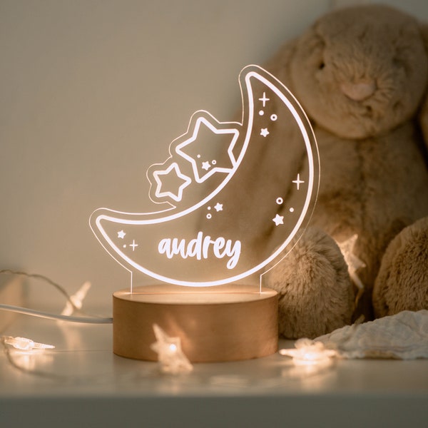 Personalized Acrylic Night Light | Moon & Stars LED Night Light | Kids Bedroom Decor, Boho Nursery Decor, Personalized Gifts, Holiday Gifts