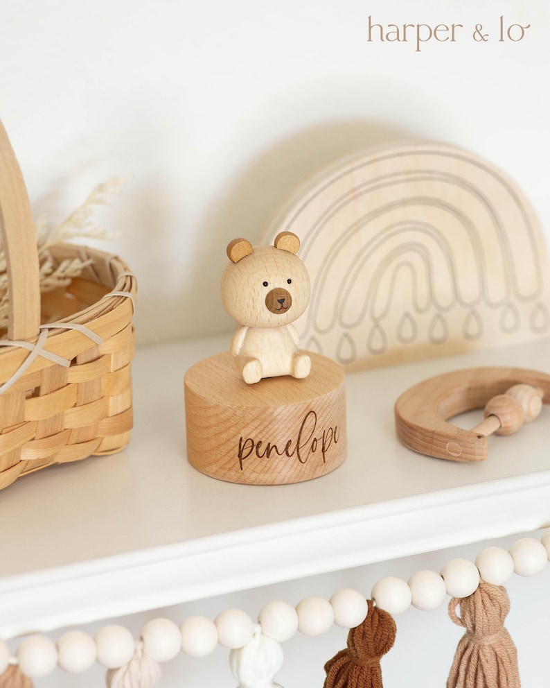 Personalized Teddy Bear Musical Carousel, Engraved Wooden Music Box, Baby Shower Gift, Custom Heirloom Music Box, Nursery Decor, Teddy Bear image 2