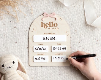 Wooden Ribbon Bow Baby Birth Announcement Sign | Milestone Card, Baby Shower Gift, Hello World Sign, Nursery Decor, Birth Announcement Board