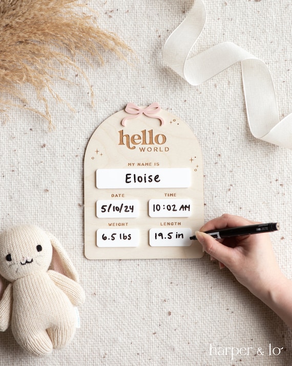 Personalised Hello World New Baby Birth Announcement Wooden Plaque Sign Gift Baby Shower - UK