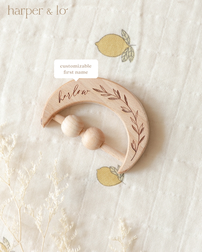 Personalized Wooden Moon Rattle Toy Custom Name Keepsakes Etsy