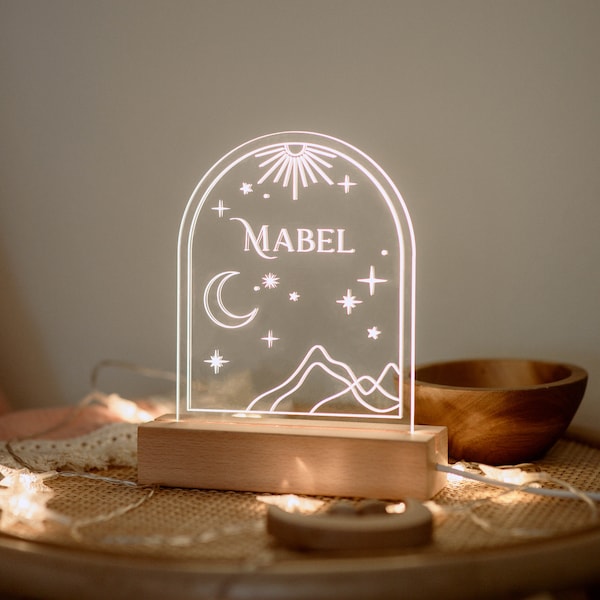 Personalized Acrylic Night Light | Celestial Night LED Light | Kids Bedroom Decor, Moon & Stars,Boho Nursery Decor,Personalized Custom Gifts