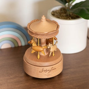 Personalized Merry Go Round Musical Carousel Custom Heirloom, Custom Engraved Wooden Music Box, Baby Shower Gift, Nursery Decor, Horse image 2