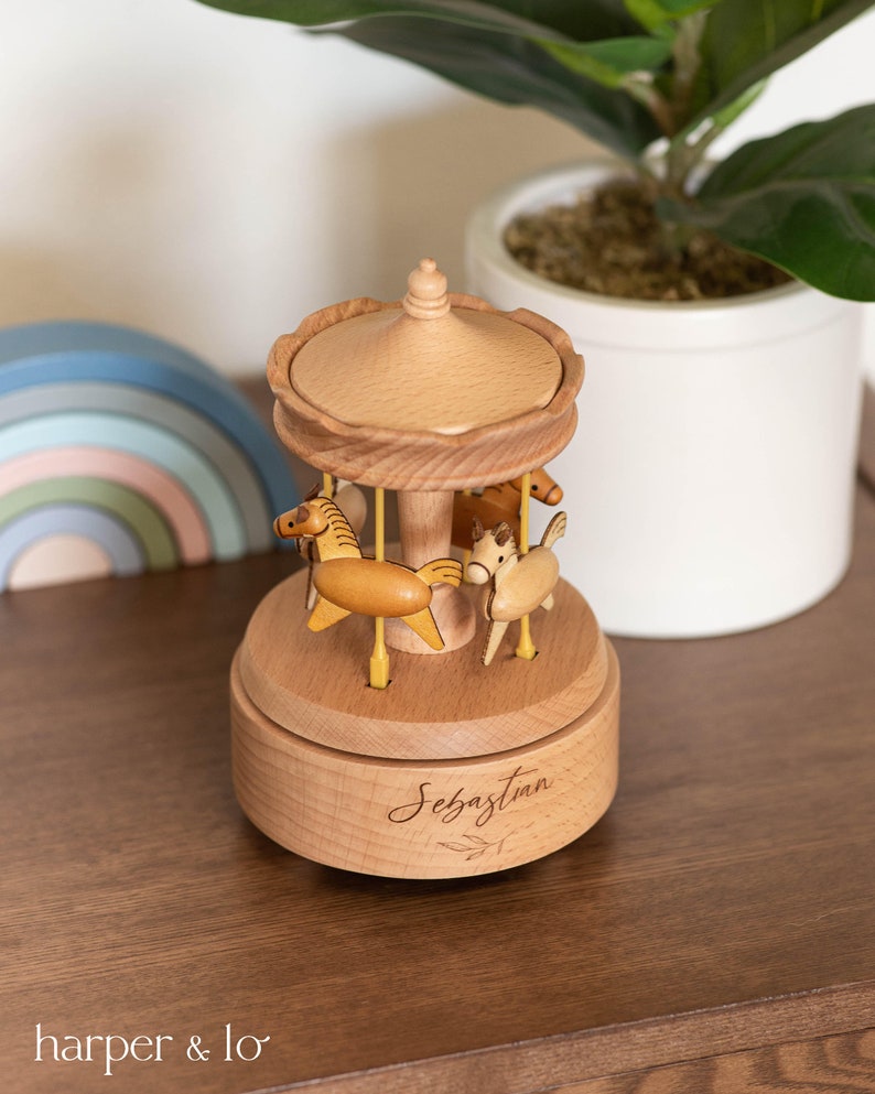 Personalized Merry Go Round Musical Carousel Custom Heirloom, Custom Engraved Wooden Music Box, Baby Shower Gift, Nursery Decor, Horse image 2