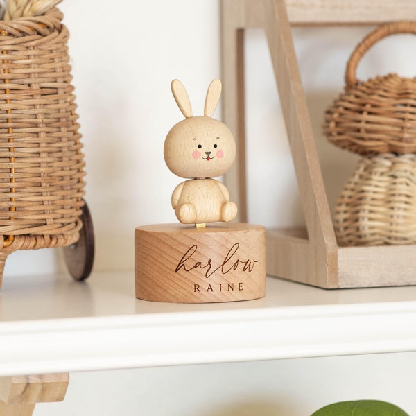 Personalized Bunny Musical Carousel | Custom Heirloom,Engraved Wooden Music Box,Baby Shower Gift,Custom Music Box, Nursery Decor, Rabbit Toy