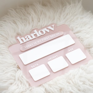 May include: Pink baby milestone tracker with the name "harlow" in white lettering. The tracker has spaces to fill in the date, height, and age.