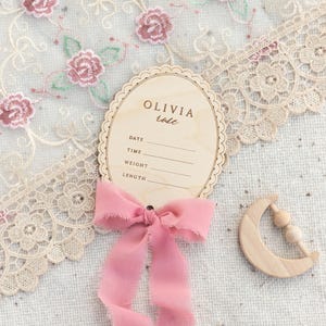 Wooden Lace Ribbon Baby Announcement Birth Stats | Personalize Custom Name, Baby Monthly Milestone Marker, Nursery, Baby Shower Gift