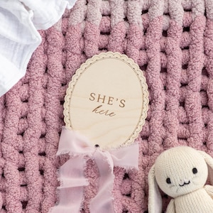 Wooden Lace She&#39;s Here Baby Birth Announcement | She&#39;s Here, Baby Birth Announcement Marker, Nursery, Baby Shower Gift