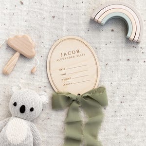 Wooden Trim Ribbon Baby Announcement Birth Stats | Personalize Custom Name, Baby Monthly Milestone Marker, Nursery, Baby Shower Gift