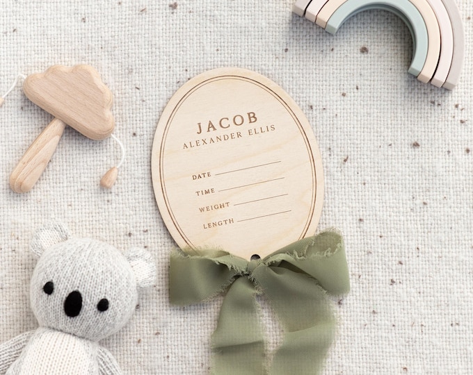 Wooden Trim Ribbon Baby Announcement Birth Stats | Personalize Custom Name, Baby Monthly Milestone Marker, Nursery, Baby Shower Gift