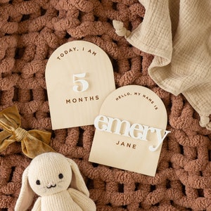 Wooden Arched Boho Interchangeable Milestone Cards | Custom Name Set | Baby Monthly Milestone Marker | Baby Shower Gift | Boho, Sustainable