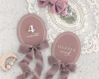 Acrylic Oval Lace Milestone Cards | Monthly Milestone Plaque Markers,Boho Interchangeable Milestone Card,Baby Shower Gift, Photo Prop
