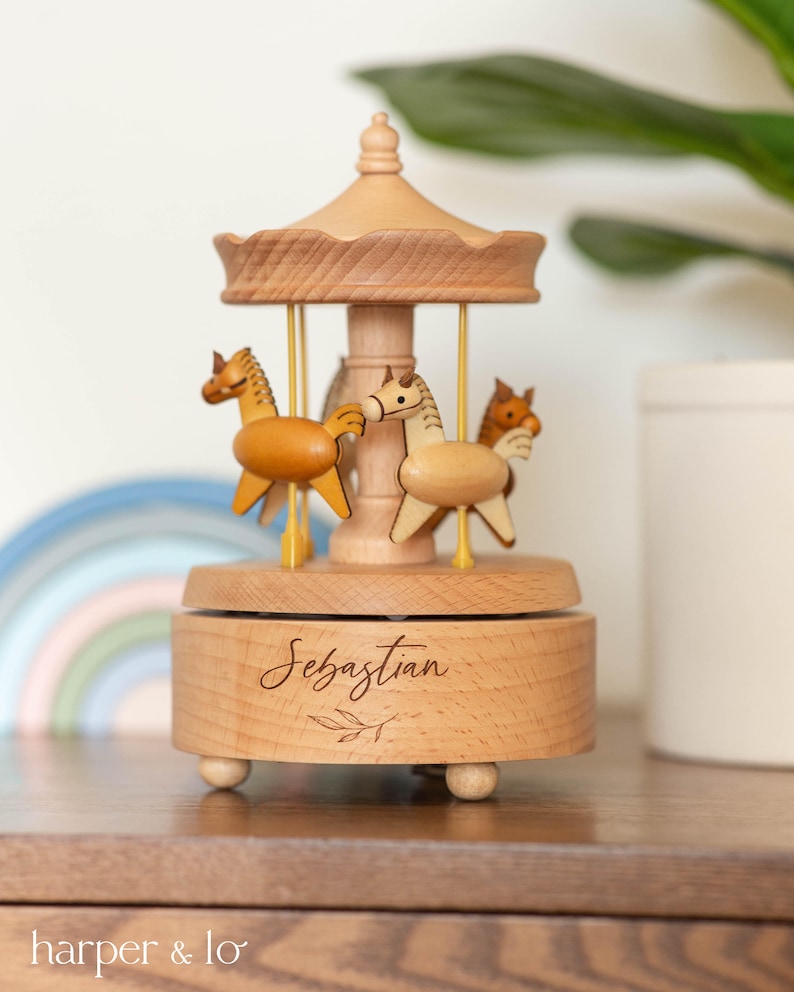 Personalized Merry Go Round Musical Carousel Custom Heirloom, Custom Engraved Wooden Music Box, Baby Shower Gift, Nursery Decor, Horse image 3