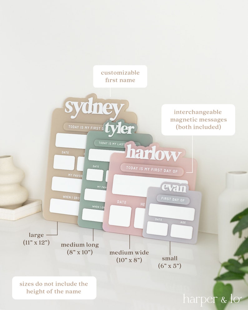 May include: Four different sizes of personalized baby milestone boards. The boards are beige, green, pink, and gray. Each board has a space for a name, date, and other milestones. The boards are 11 inches by 12 inches, 8 inches by 10 inches, 10 inches by 8 inches, and 6 inches by 5 inches.