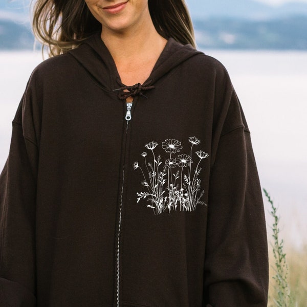 Wildflowers Jacket Full Zip Up Hoodie Sweatshirt Unisex Heavy Blend™ Hooded Sweater Fleece Top Floral Clothes Wild Flowers Cottagecore Style