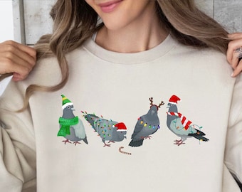 Santa Pigeons Sweatshirt Funny Christmas Sweatshirt Santa Animals Sweater Xmas Aesthetic Long Sleeve Shirt Pigeons and Candy Cane Cute Birds