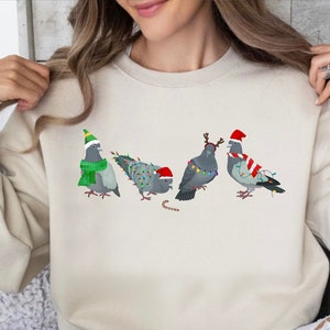 Santa Pigeons Sweatshirt Funny Christmas Sweatshirt Santa Animals Sweater Xmas Aesthetic Long Sleeve Shirt Pigeons and Candy Cane Cute Birds