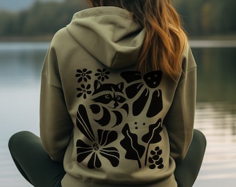 Raccoon Garden Hoodie Botanical Raccoon Sweatshirt Cottagecore Raccoon Hooded Sweater Retro Flower Hoodie Fleece Hoodie Raccoon Lovers Gifts