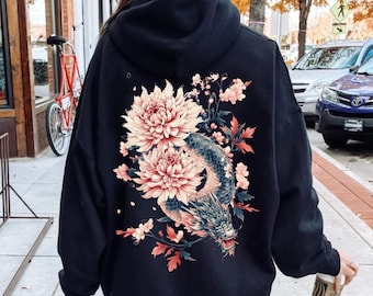 Dragon Full Zip Up Jacket Hoodie Sweatshirt Japanese Streetwear Floral Hooded Sweater Graphic Top Soft Fleece