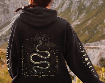 Serpent Hooded Sweatshirt, Celestial Hoodie, Mystical Moon Phase Top, Fleece
